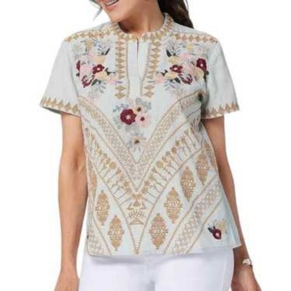 Tolani Collection Short Sleeve Floral Embroidered Boho Top Blouse 100% Cotton M